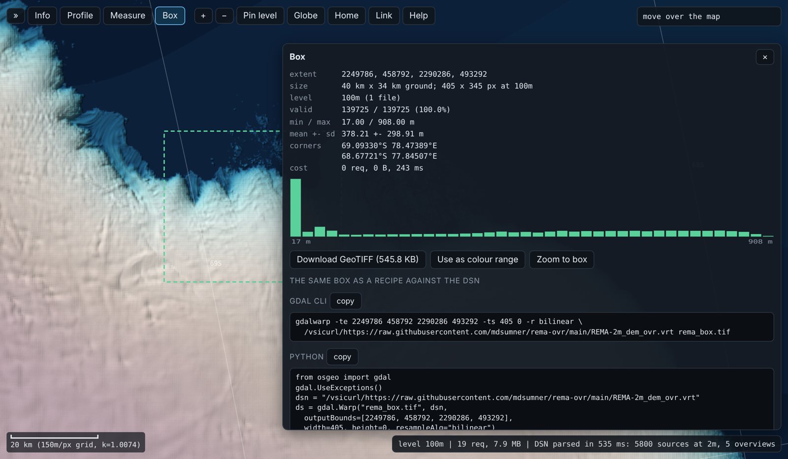 A box drawn on the map with stats, a histogram and GDAL and Python recipes for the same extent