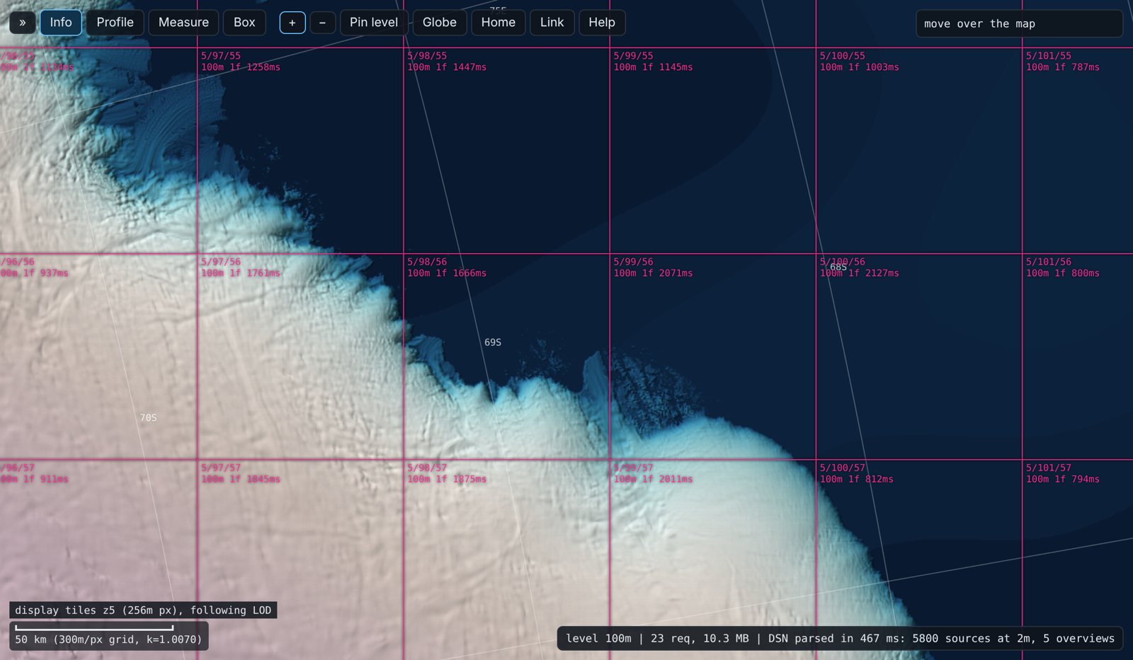 A coastline with the explorer's display tiles outlined, each labelled with its level, file count and read time