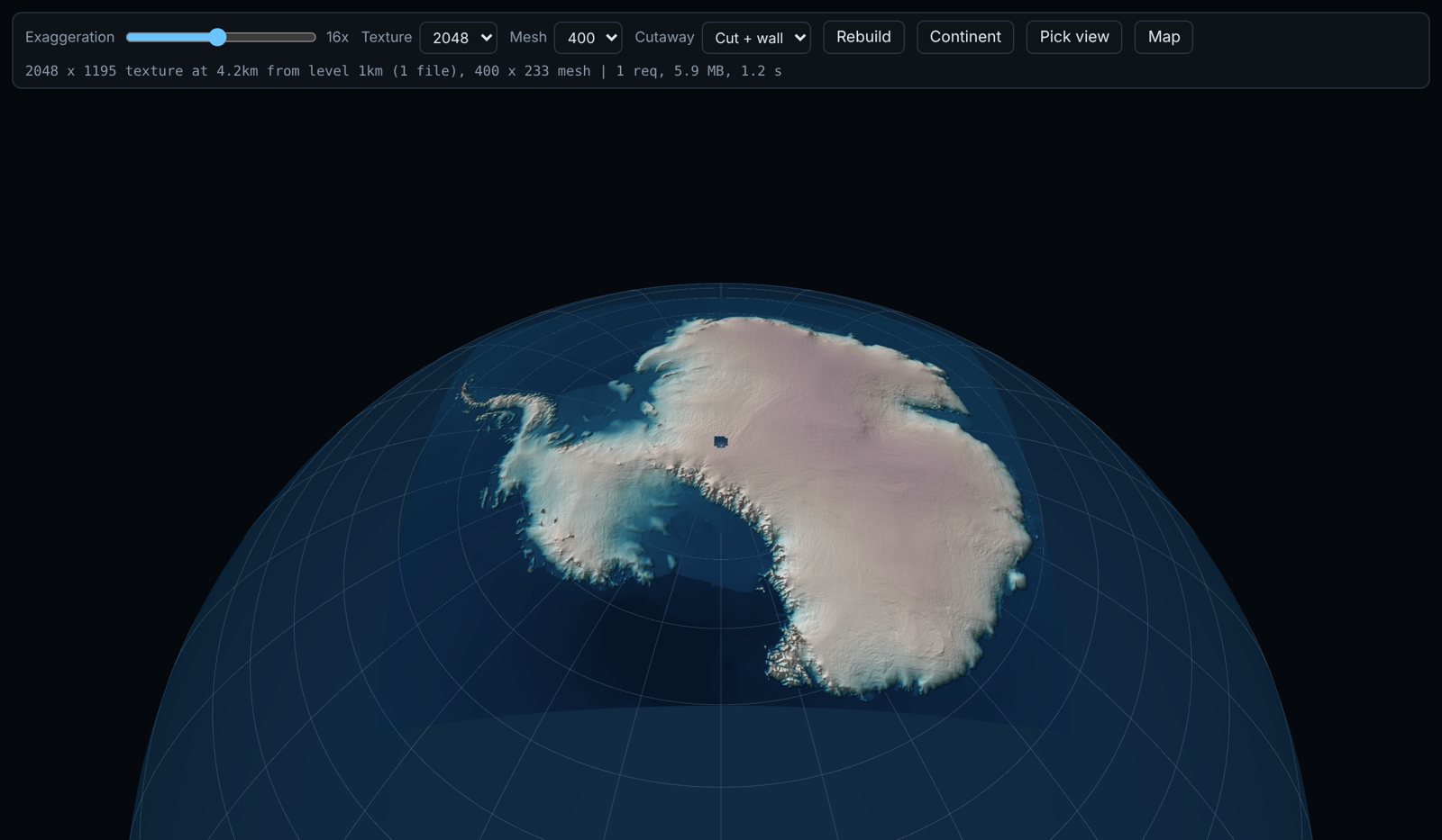 Antarctica draped on a 3D globe with vertical exaggeration